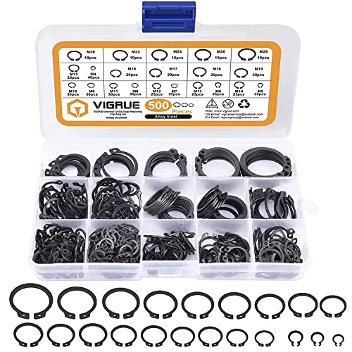 Vigrue Set Di 500 Anelli Elastici Assortiti, 21 Dimensioni, In Acciaio Al Carbonio, Con Clip Elettronica, Clip Esterna A C, Fibbie Divise, Rondelle, M