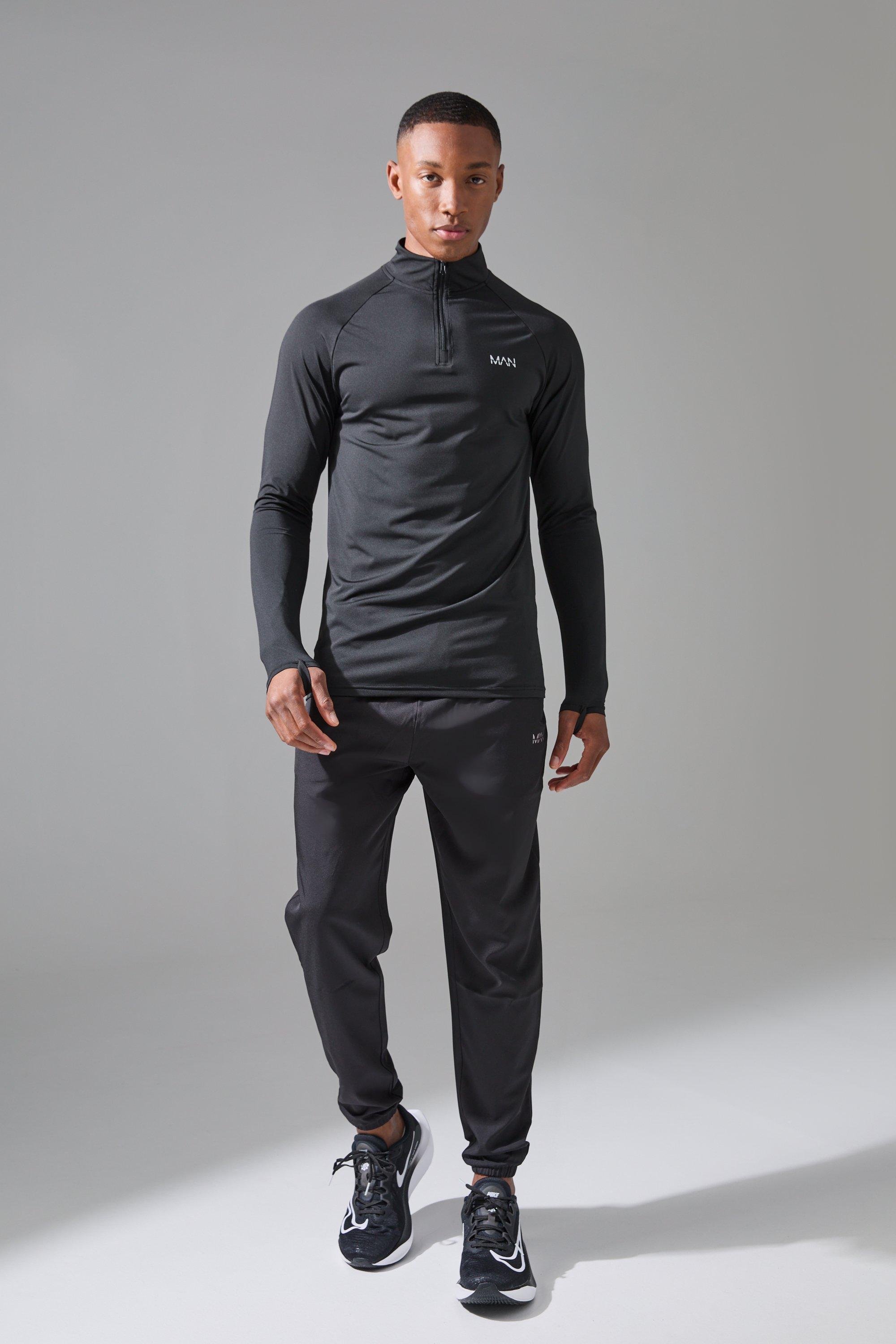 Man Active Quarter Zip and Jogger Tracksuit, Nero