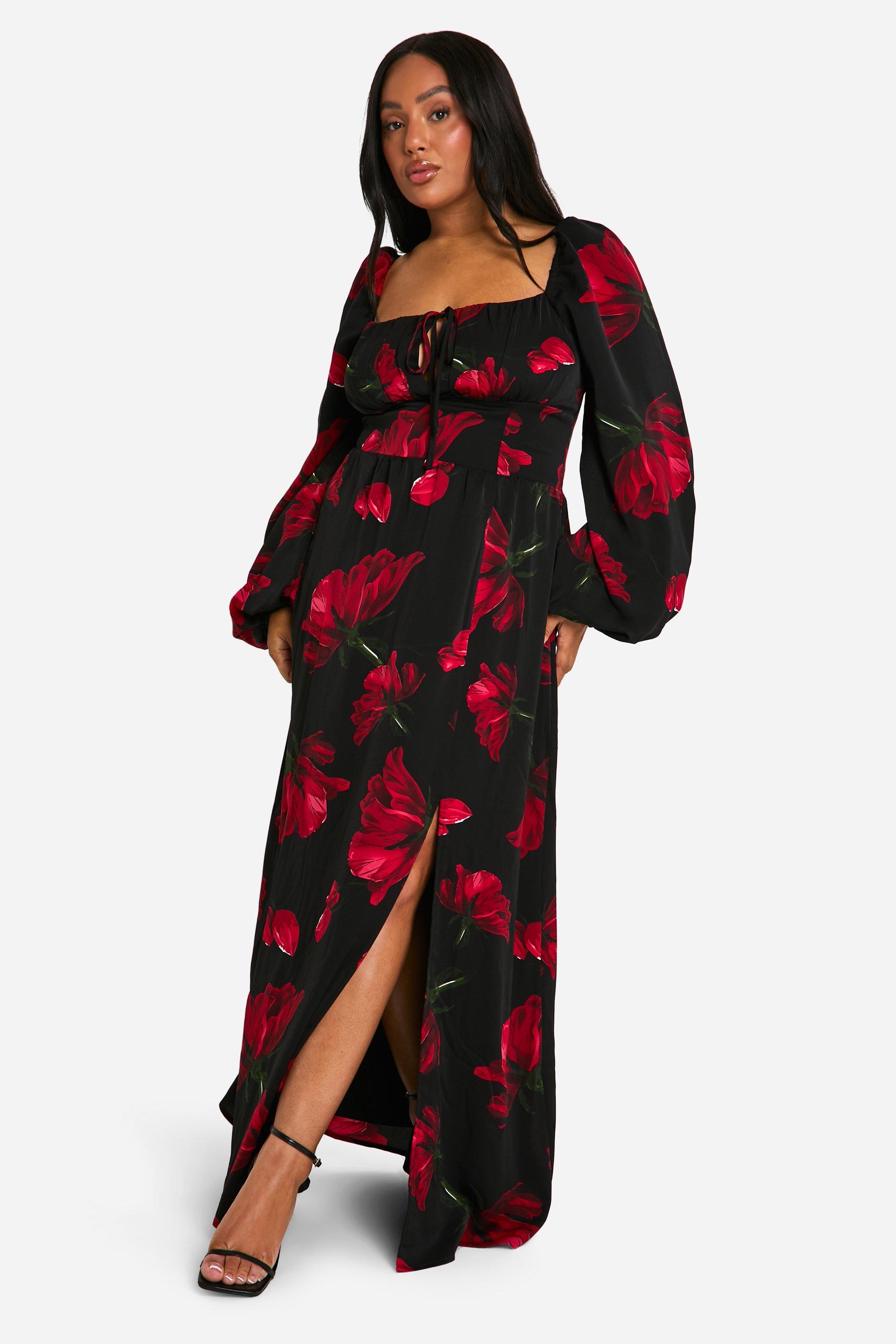 Plus Ditsy Balloon Sleeve Milkmaid Maxi Dress, Nero