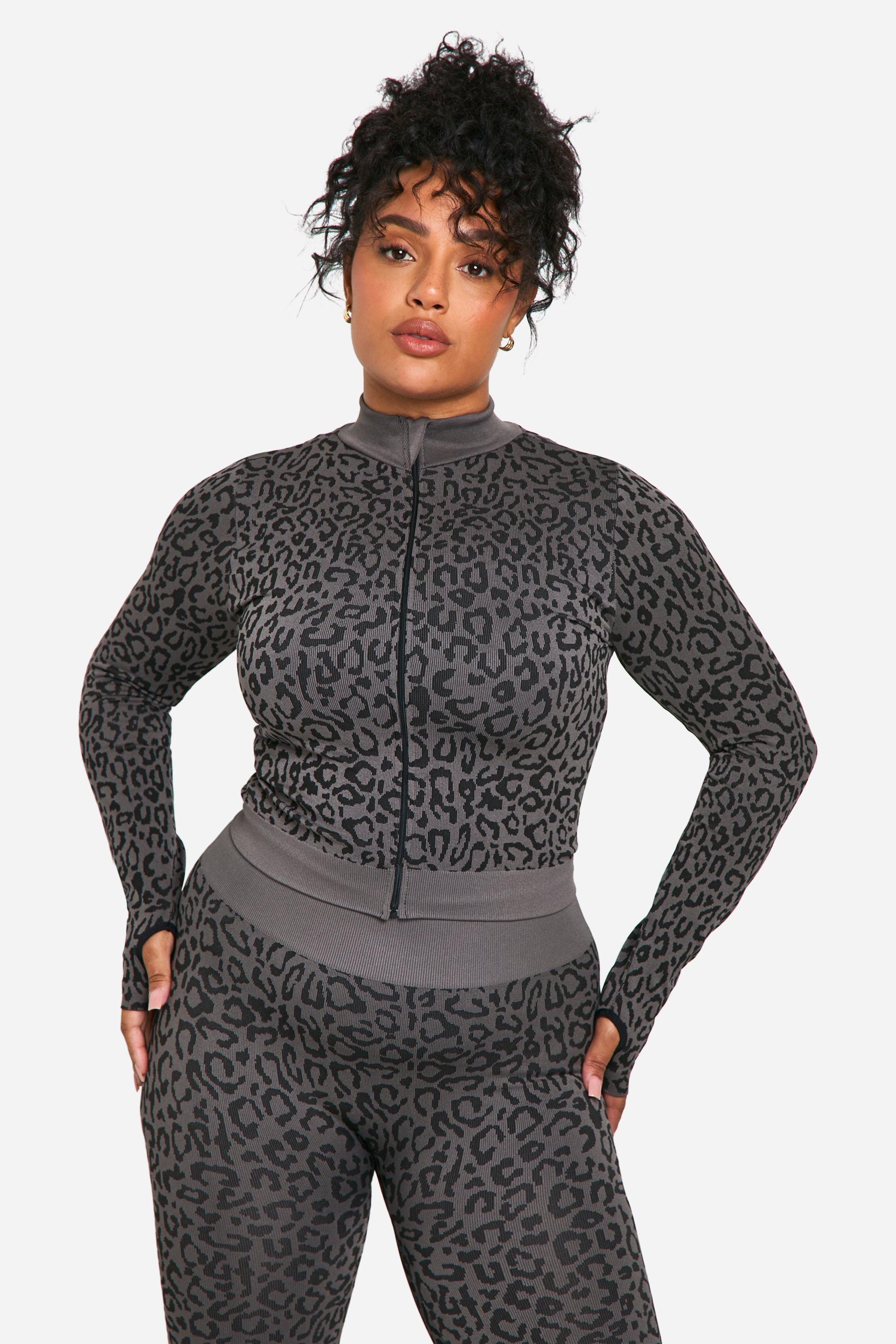 Plus Leopard Print Seamless Zip Through Jacket, Grigio