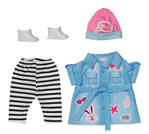 Baby Born- Zapf Creation 835258 Deluxe Jeans Kleid 43Cm-Puppenkleidung Set Mit Puppenkleid, Gestreifter Leggings, Rosa Mütze Und Schuhen, Colore Bianc
