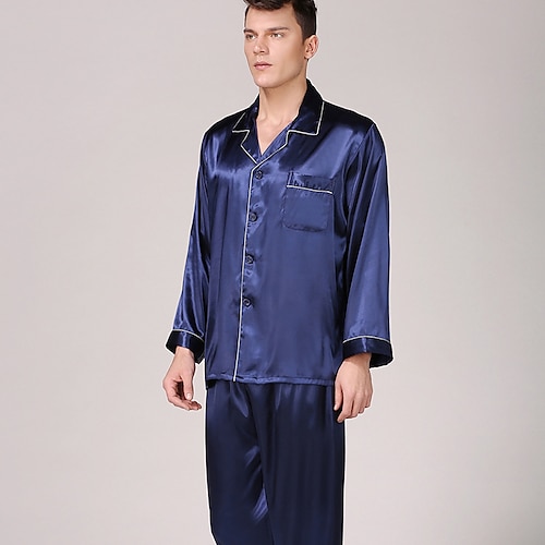 Per uomo Raso e seta Pigiami Top e pantalone del pigiama Pigiama di seta 2 pezzi Colore puro Lusso Interni Da letto Seta sintetica Comfort Manica lung