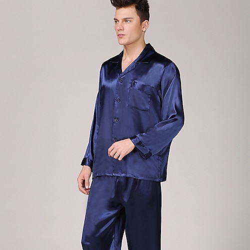 Per uomo Raso e seta Pigiami Top e pantalone del pigiama Pigiama di seta 2 pezzi Colore puro Lusso Interni Da letto Seta sintetica Comfort Manica lung