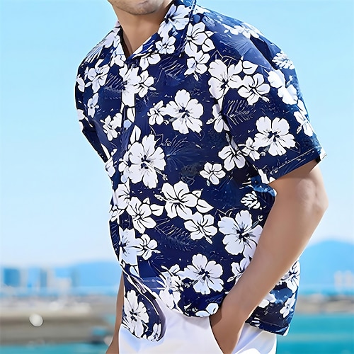 Per uomo Camicia Camicia con bottoni Camicia estiva Camicia da spiaggia Camicia hawaiana Floreale Mimetico Collo ripiegabile Mare blu Blu Blu / bianco