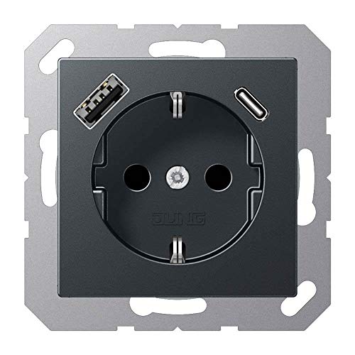 Jung A1520-15Caanm - Presa Schuko Con Usb Tipo Ac (Max. 3A) Con Protezione Da Contatto Elevata (Termoplastica), Colore: Antracite Opaco