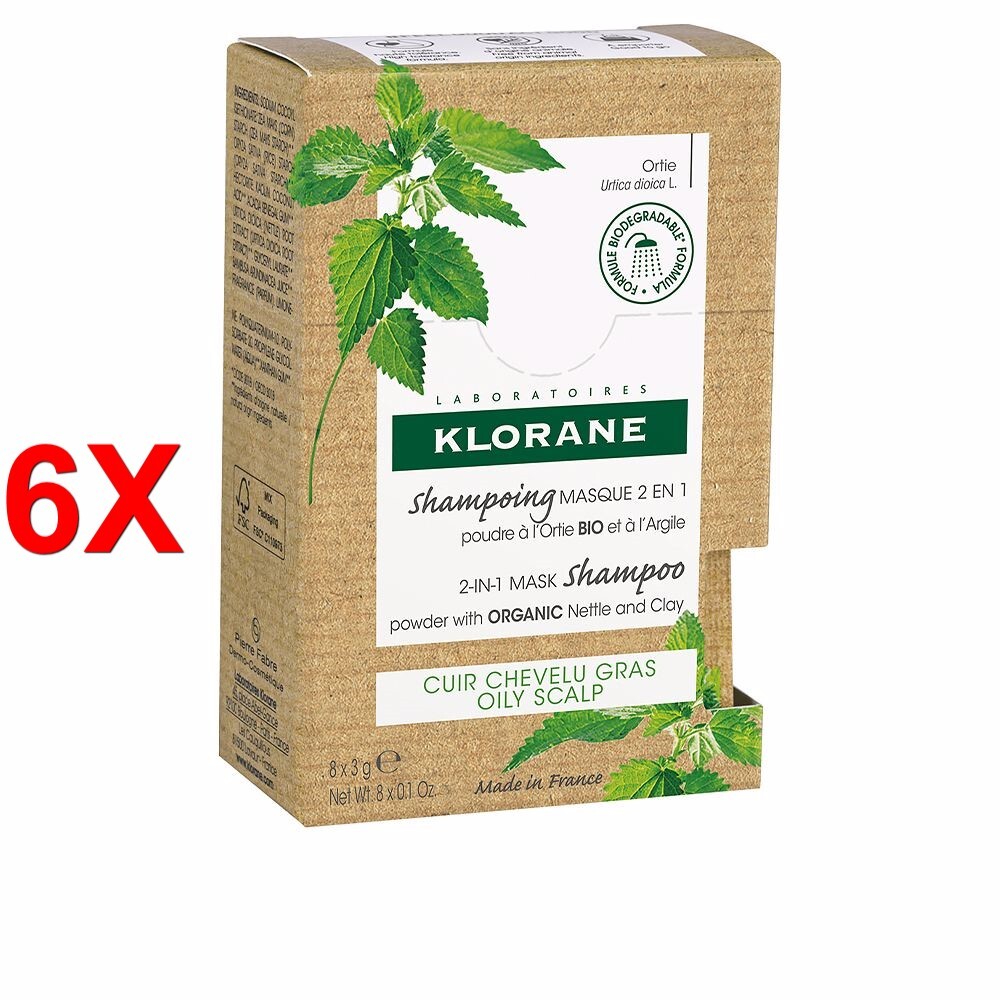6 X KLORANE A LA ORTIGA BIO polvere shampoo-maschera 8 x 3 gr