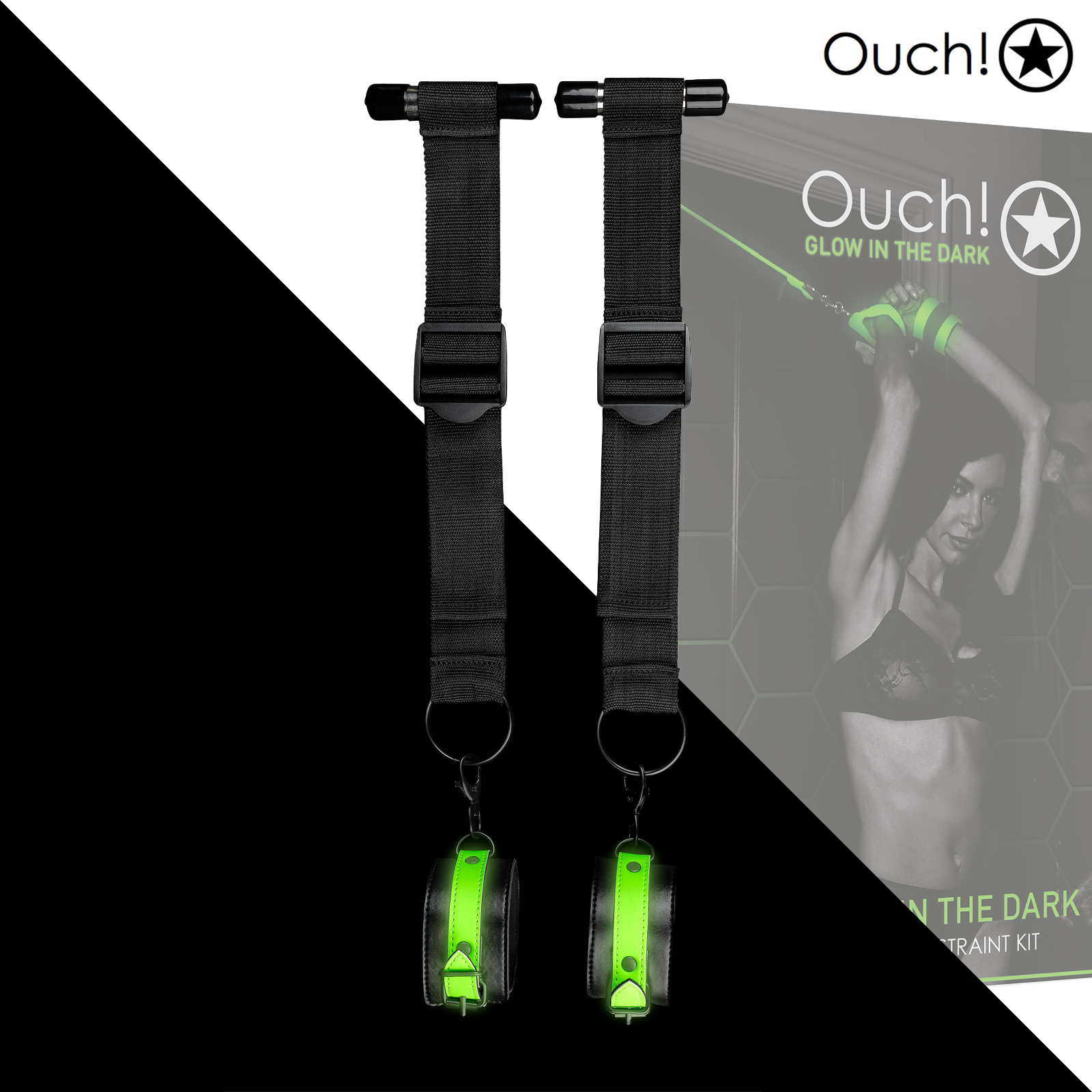 Ouch Glow in the Dark Door Restraint Kit BDSM with fluorescent leather handcuffs