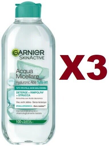 3 PZ GARNIER SKIN ACTIVE ACQUA MICELLARE HYALURONIC ALOE TUTTO IN 1 VISO 400ML