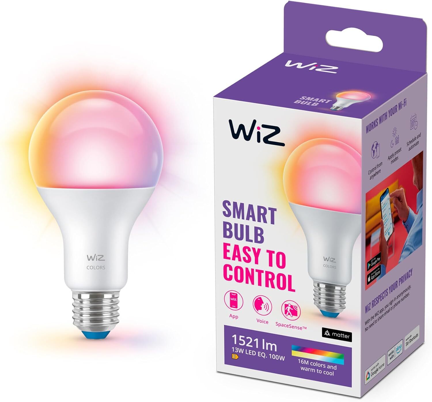 WiZ Lampadina Smart WiFi, Luce Bianca o Colorata Dimmerabile, E27, 100W,...