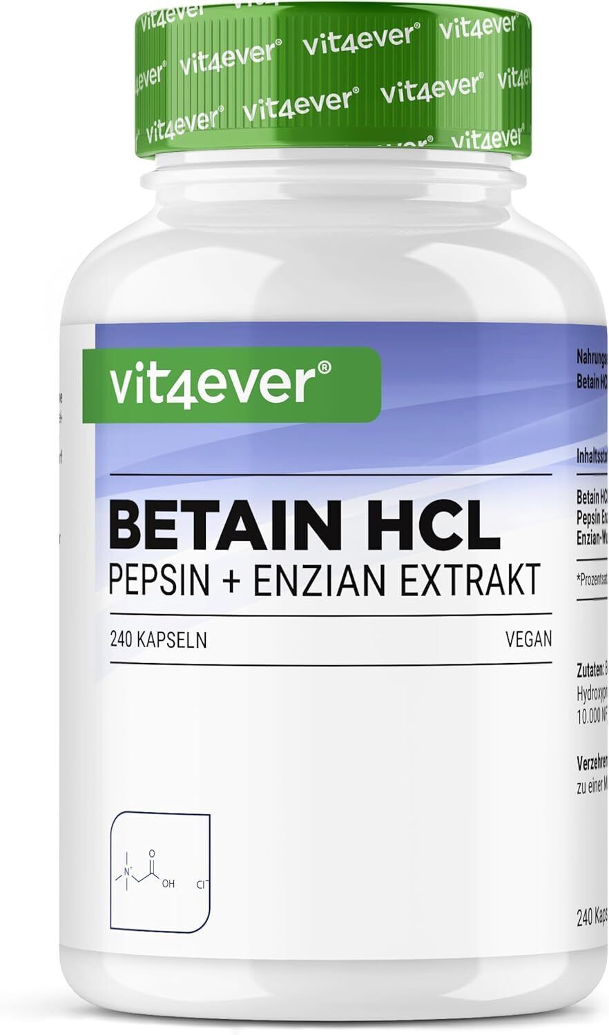 Betaine HCL - 240 capsule da 695 mg - Premium: Con pepsina e genziana amara