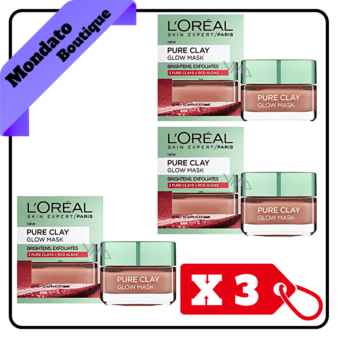 CREMA L'OREAL 50ml PURE CLAY GLOW MASK 3 ARGILLE MINERALI  ALGA ROSSA VASO  (X3)