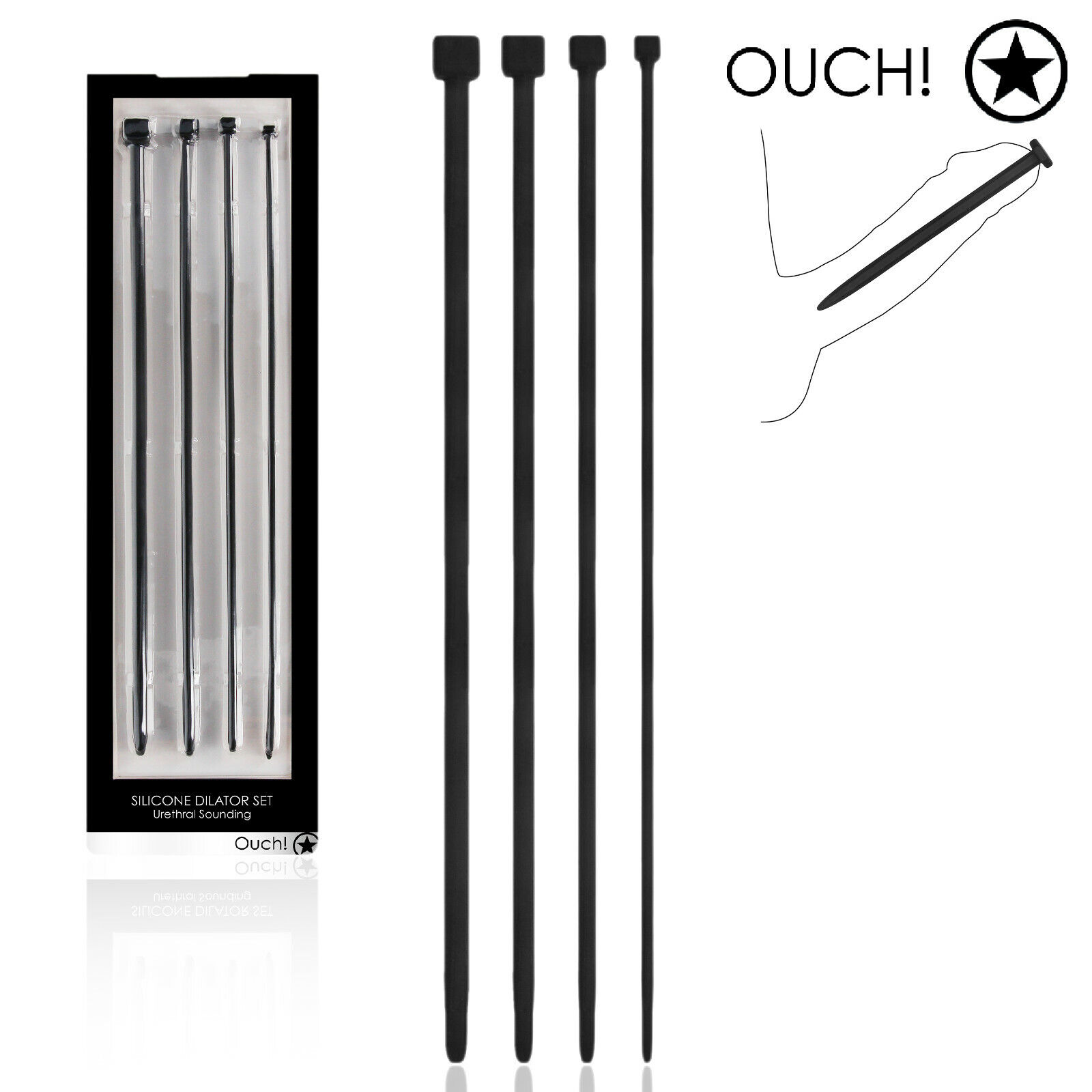 Ouch Dilatatore Uretrale Sonda Pene Kit of 4 Urethral Sounding Dilator Set Black