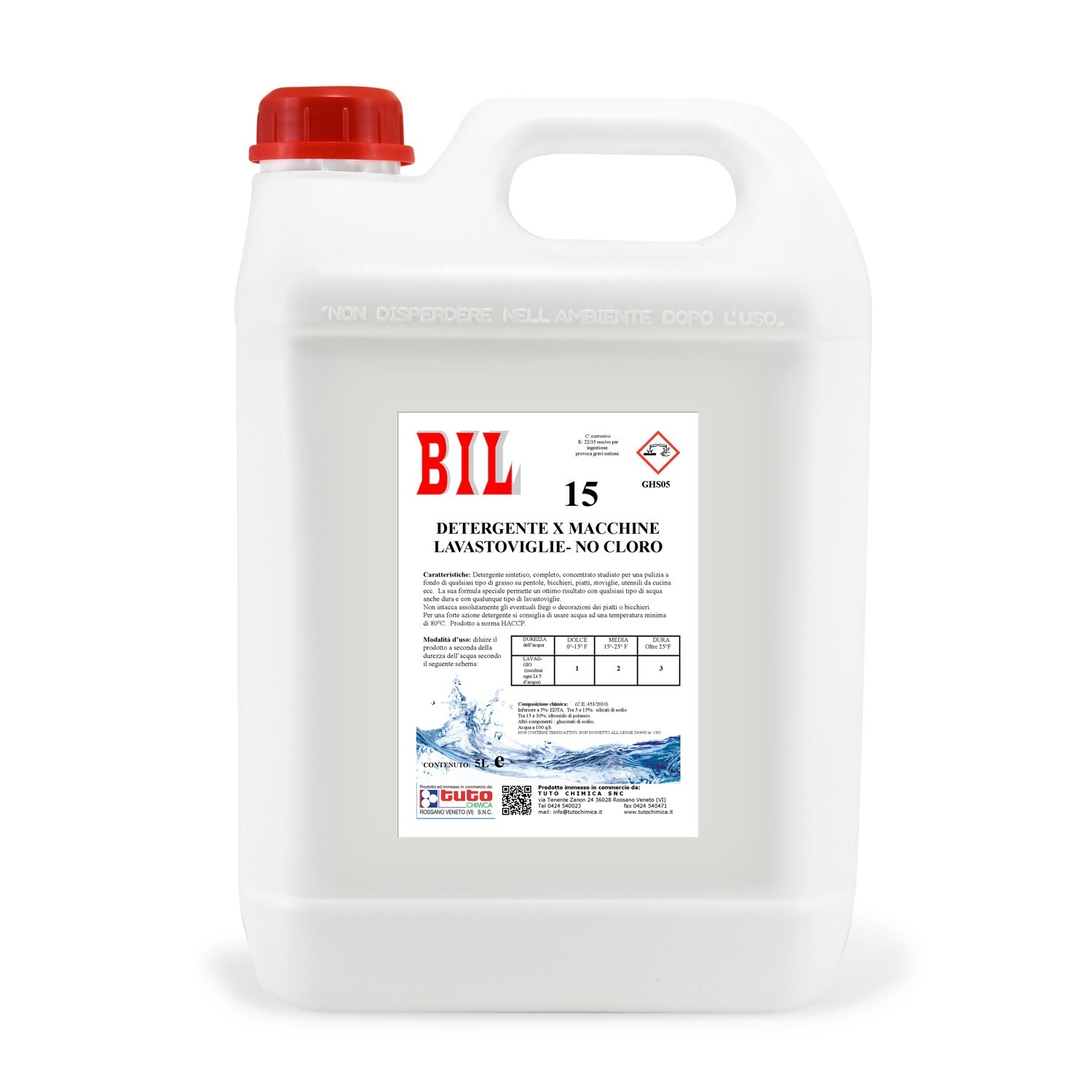 DETERSIVO LAVASTOVIGLIE LIQUIDO  PROFESSIONALE - NO CLORO 5L. BIL 15