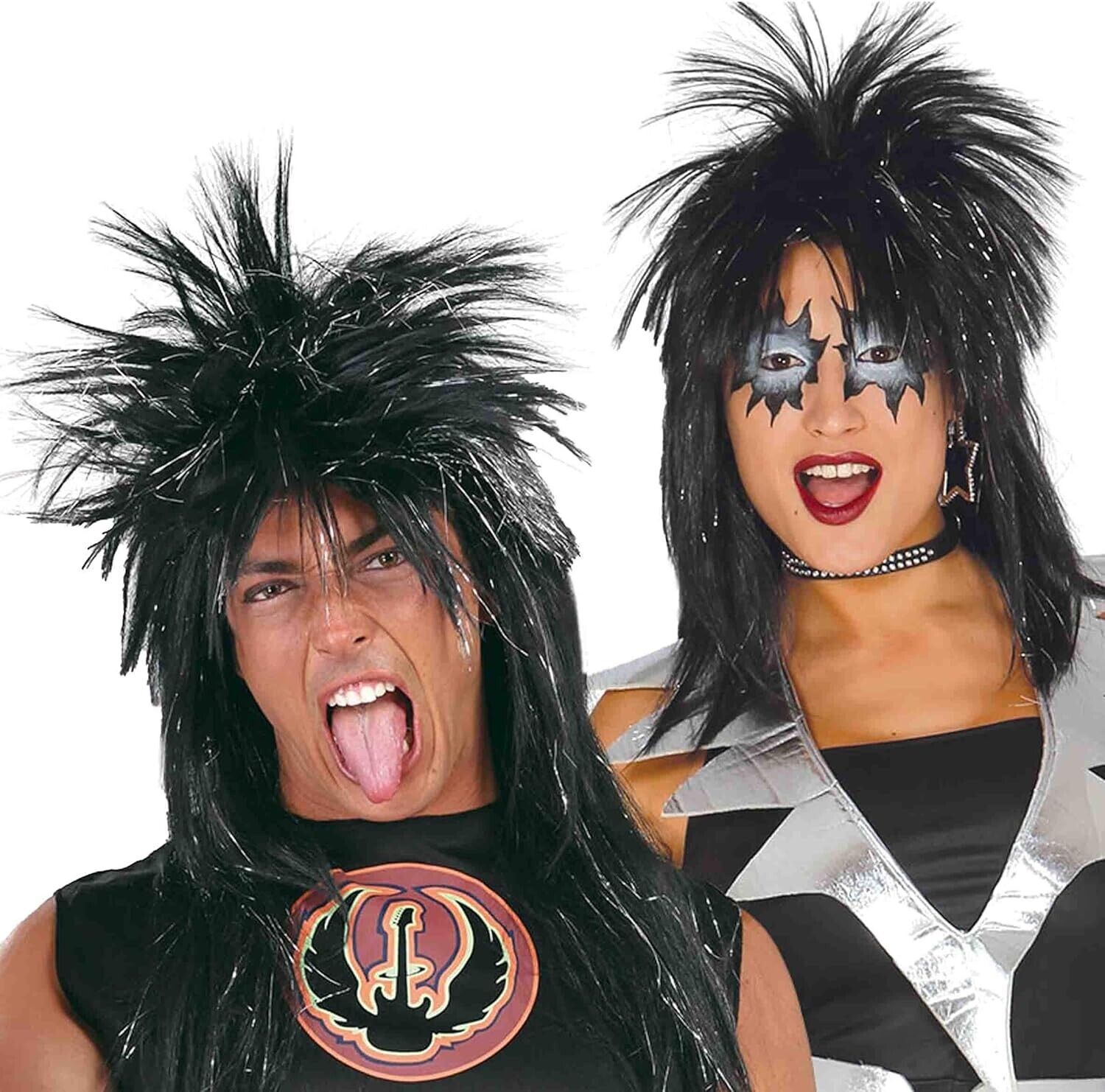 CARNEVALE HALLOWEEN PARRUCCA NERA ROCK ROCKERO PUNK FILI METAL WIG 4601