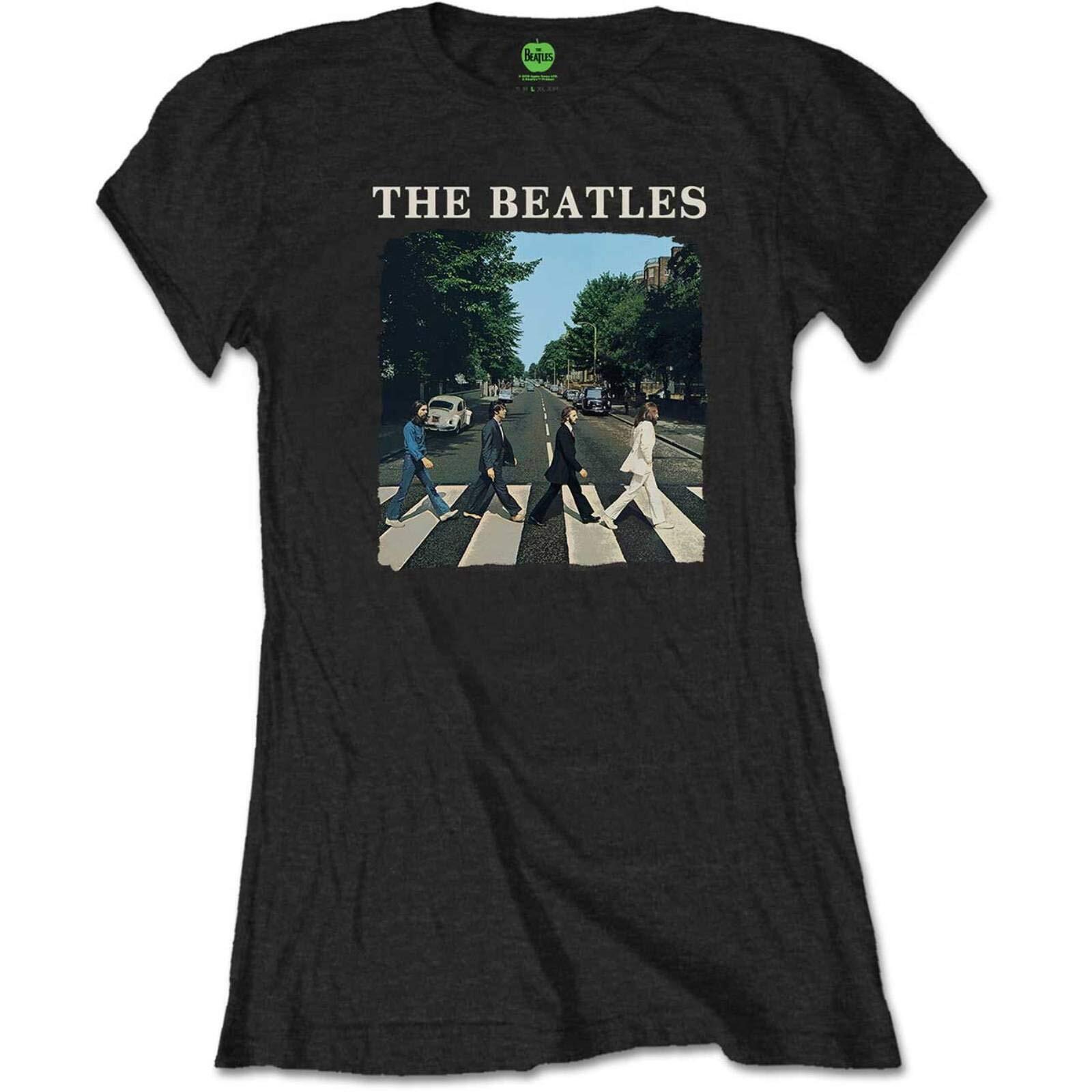 Band Monkey The Beatles Ladies T-Shirt Abbey Road & Logo White M Black