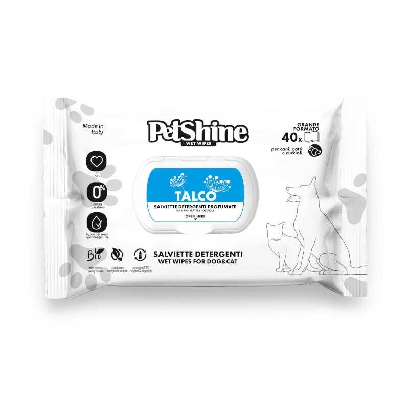 SALVIETTINE DETERGENTI ANIMALI CANE GATTO PETSHINE TALCO 40x PROFUMATE CUCCIOLI