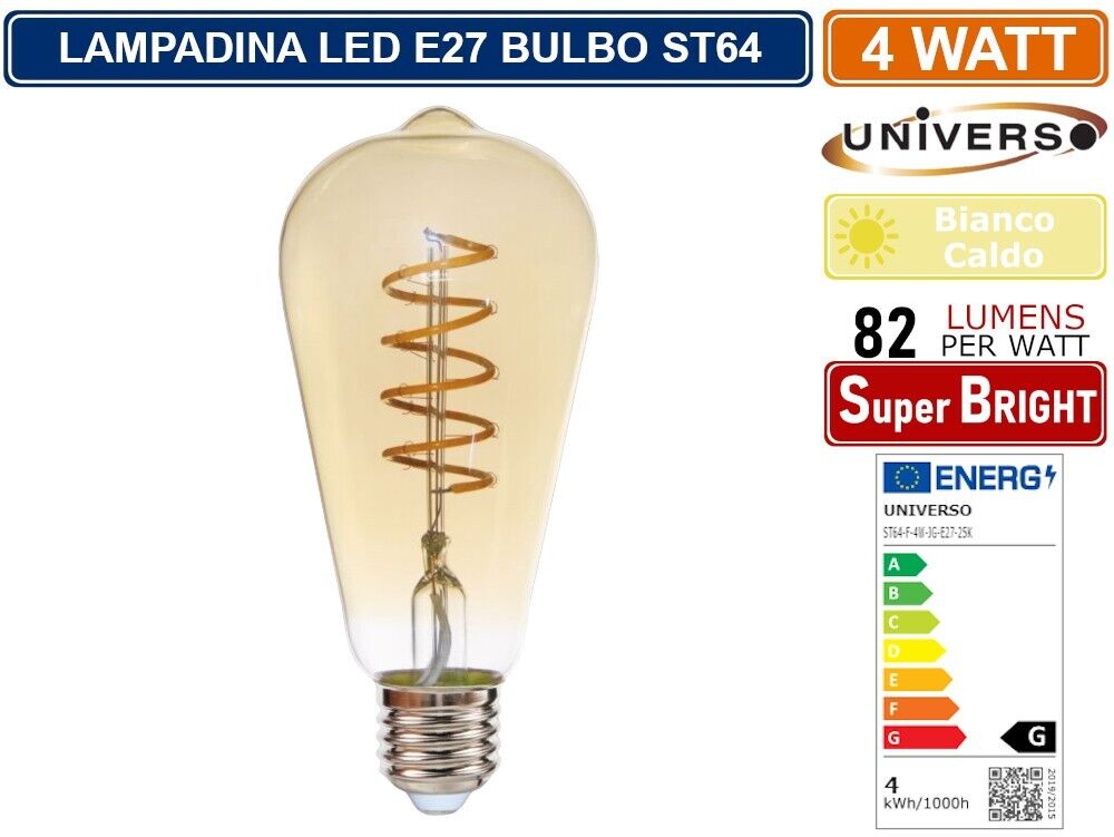 LAMPADINA LED E27 4W BULB ST64 LED FILAMENT A SPIRALE VETRO AMBRATO 2500K