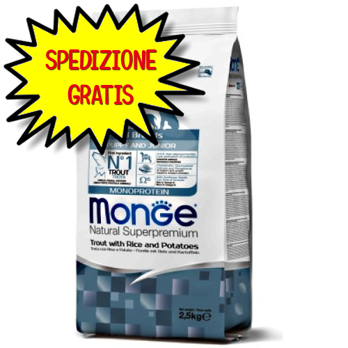 MONGE CANE CROCCHETTA ALL BREEDS PUPPY & JUNIOR TROTA con RISO e PATATE 2,5 KG