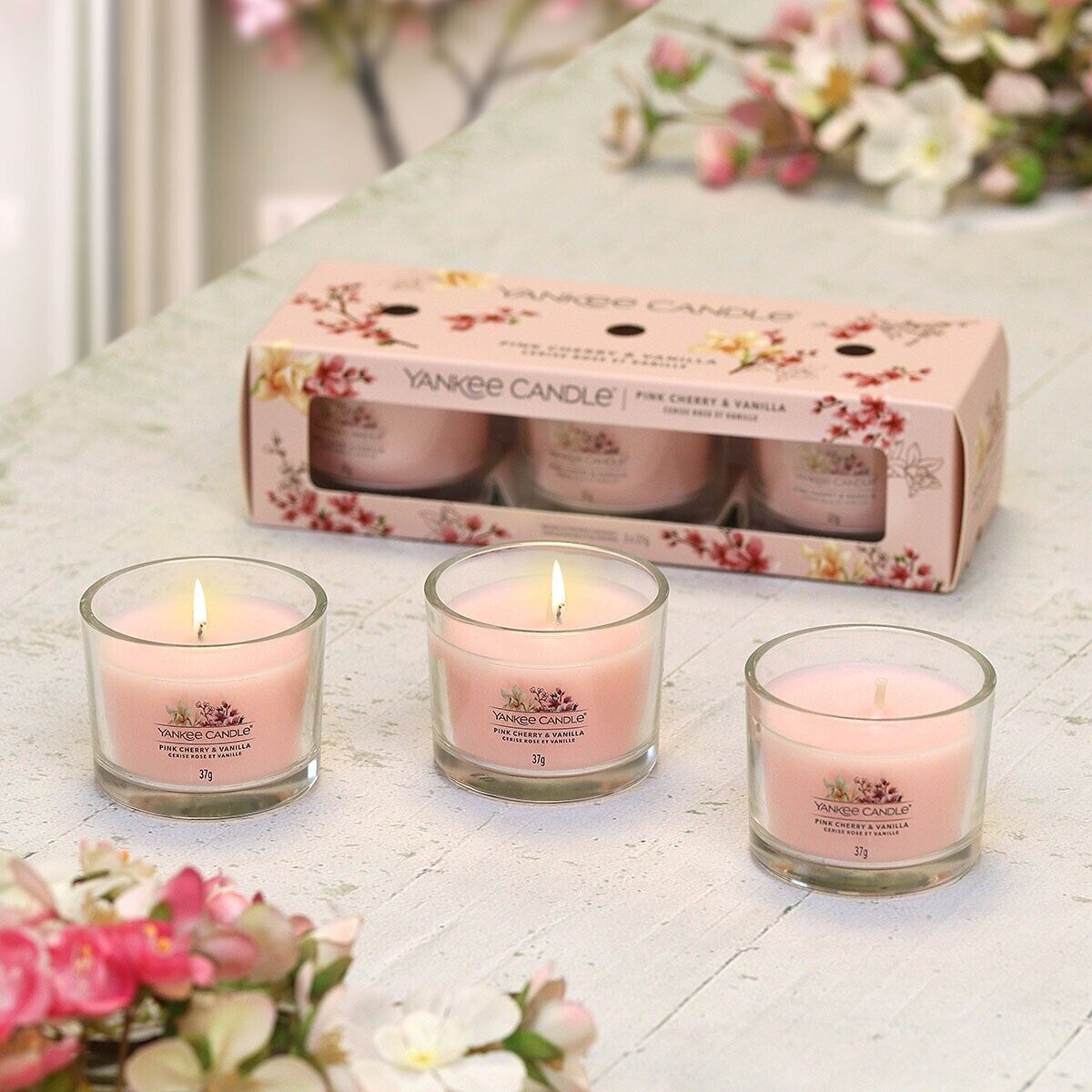 YANKEE CANDLE SET 3 CANDELE CANDELA PROFUMATA VETRO PINK CHERRY VANILLA 2024