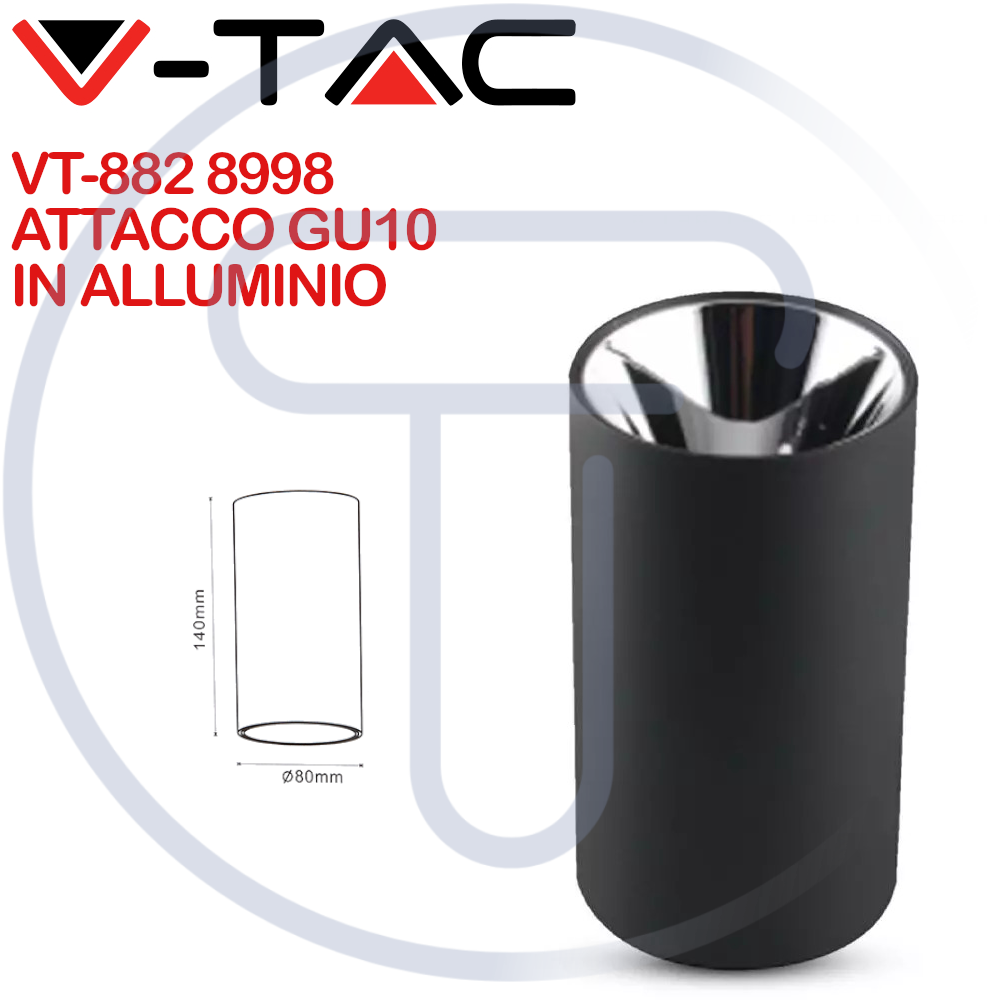 V-TAC VT-882 8998 Portafaretto LED rotondo GU10 Nero e Riflettore cromato