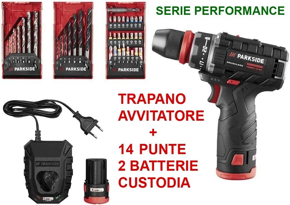 Set Trapano Avvitatore Parkside performance 12V + 2 batterie + 1 caricabatterie