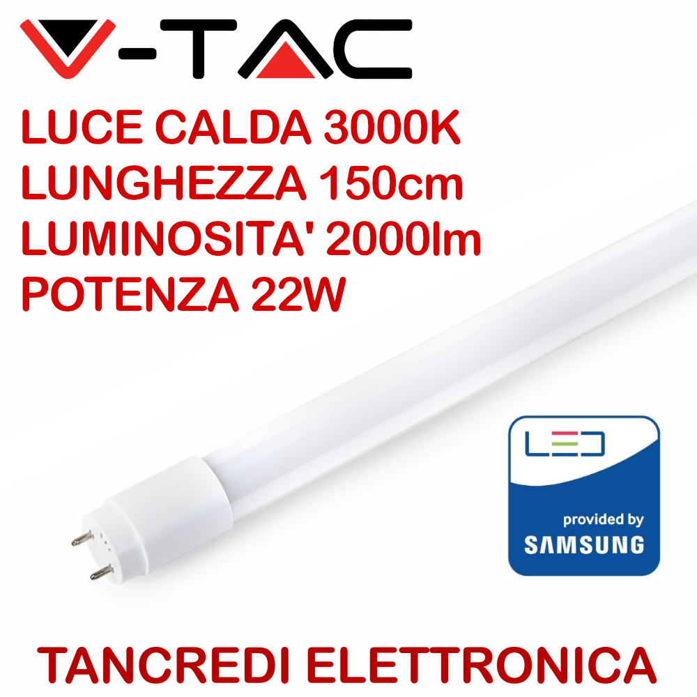 V-TAC PRO VT-151 656 Tubo LED Samsung T8 22W G13 150cm Luce Calda 3000K Neon