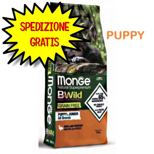 MONGE CANE CROCCHETTA BWILD GRAIN FREE ALL BREEDS PUPPY ANATRA E PATATE KG. 12