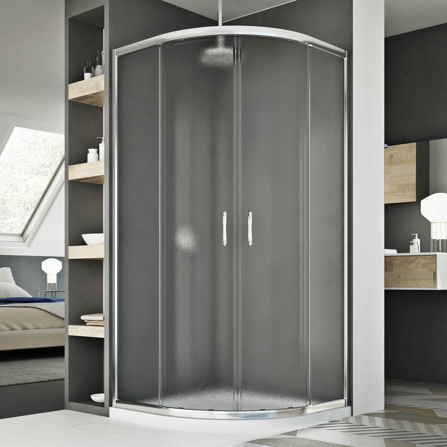 BOX CABINA SEMICIRCOLARE 80X80 VETRO STAMPATO C SCORREVOLE ANGOLARE DOCCIA