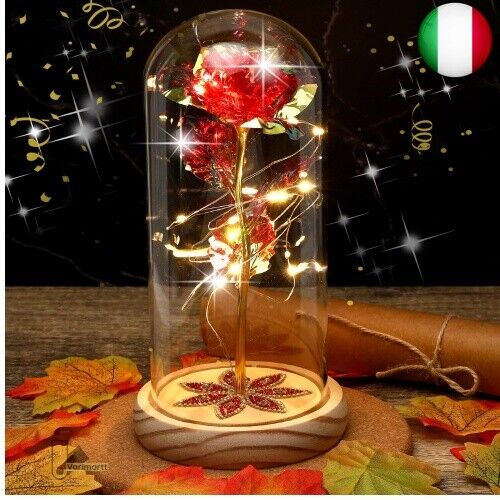 Rosa Stabilizzata Vera, Rosa Eterna con Luce a LED e Base Pino Luci, Rosa per