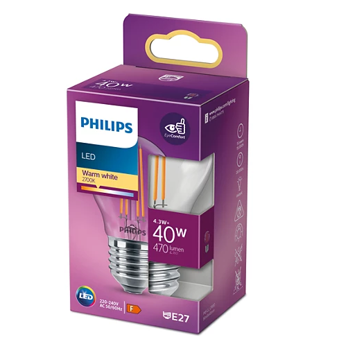 PHILIPS - LAMPADINA LED OLIVA E LUSTRE E27 40W 2700K A++ WARM WHITE