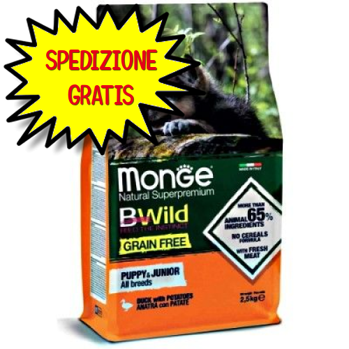 MONGE CANE CROCCHETTA BWILD GRAIN FREE ALL BREEDS PUPPY ANATRA E PATATE 2,5 KG
