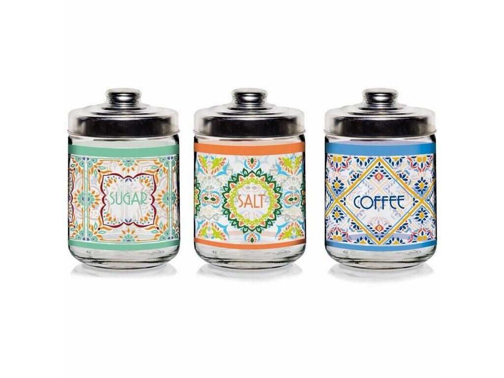 BARATTOLI CUCINA CERVE VETRO DECORATO DECORO VALENCIA 3 PZ SALE ZUCCHERO CAFFE'