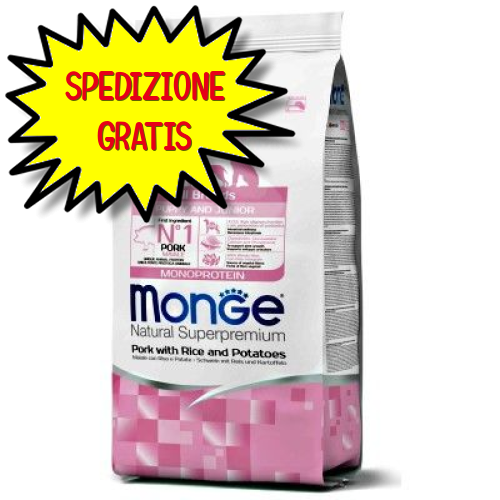 MONGE CANE CROCCHETTA ALL BREEDS PUPPY & JUNIOR MAIALE con RISO e PATATE 12 KG