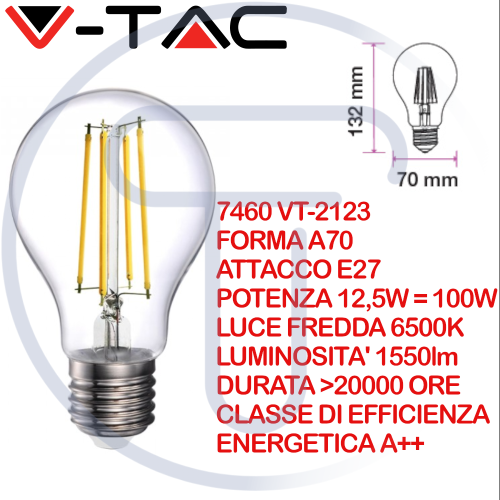 V-TAC VT-2123 7460 Lampadina LED E27 12,5W A70 Vetro Sfera Bianco Freddo 6500K