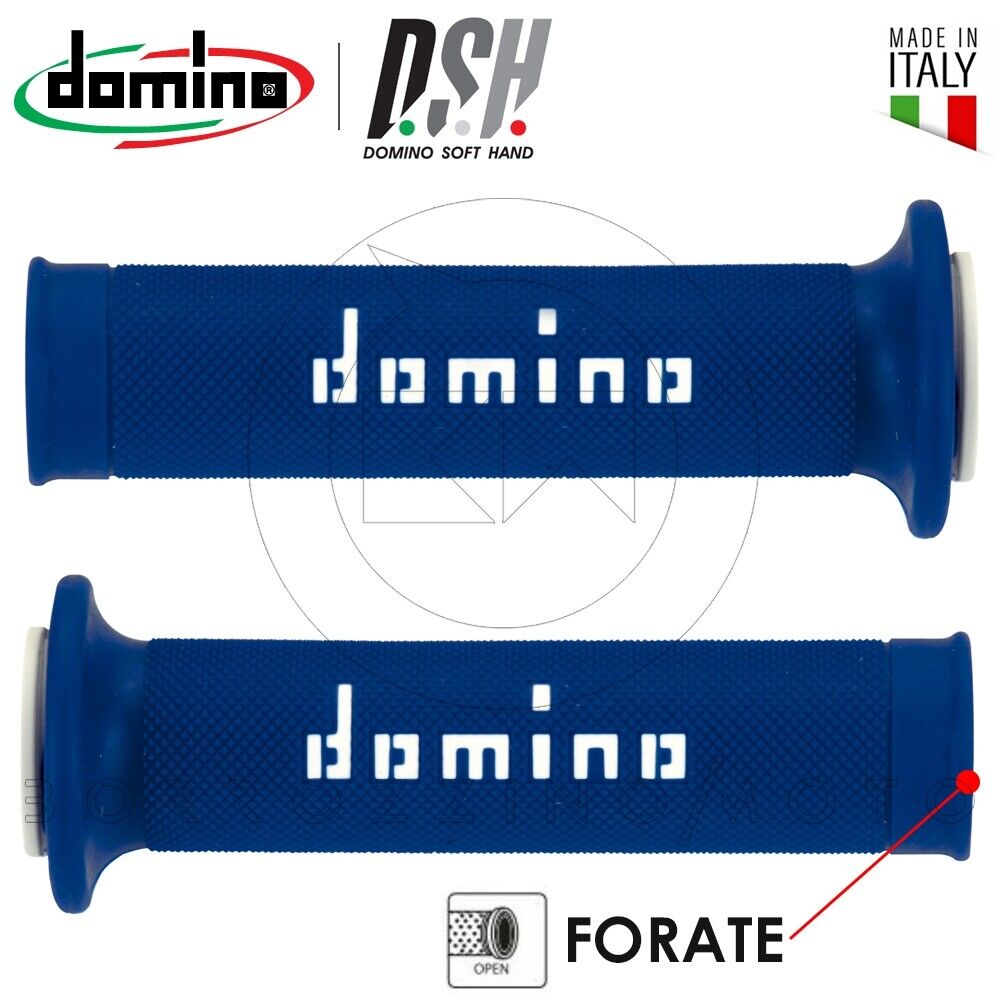 COPPIA MANOPOLE DOMINO FORATE BLU BIANCO FORATE UNIVERSALI MOTO D.22-26 L. 125mm