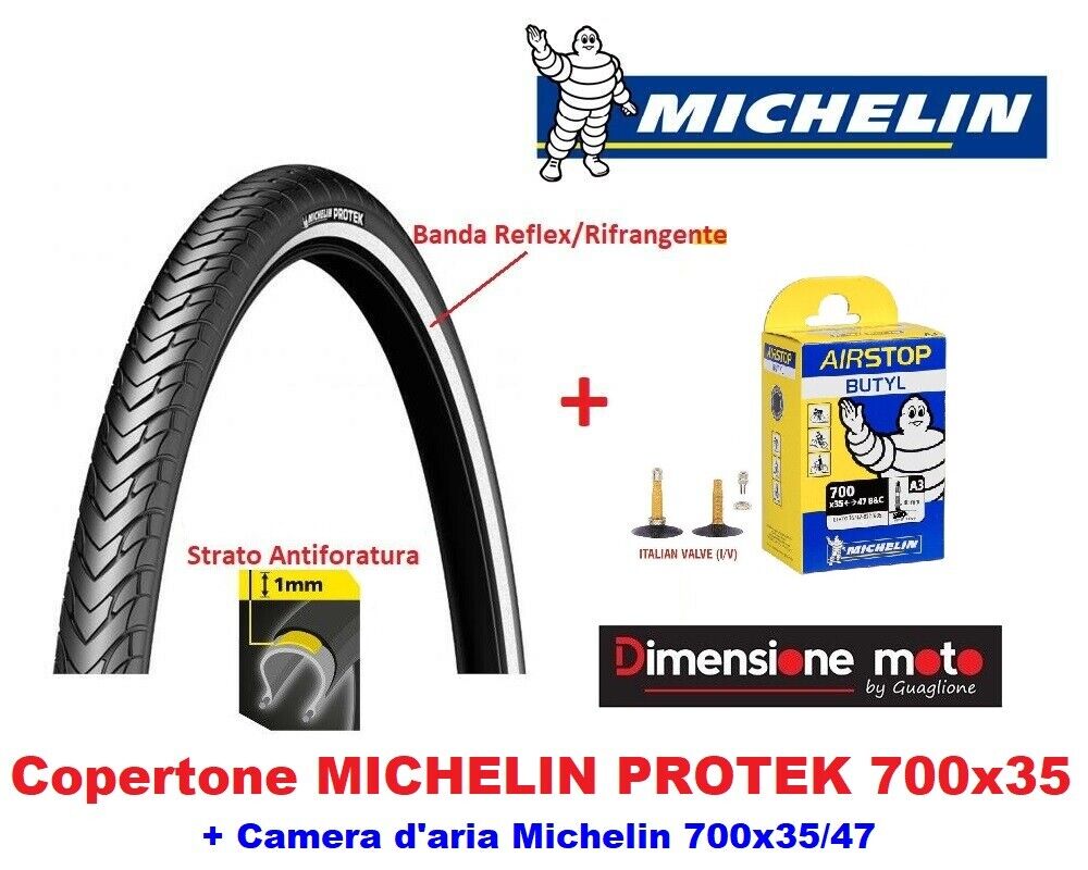 Copertone MICHELIN PROTEK 700x35C Antiforatura + Camera per Bici 28" E-Bike moto