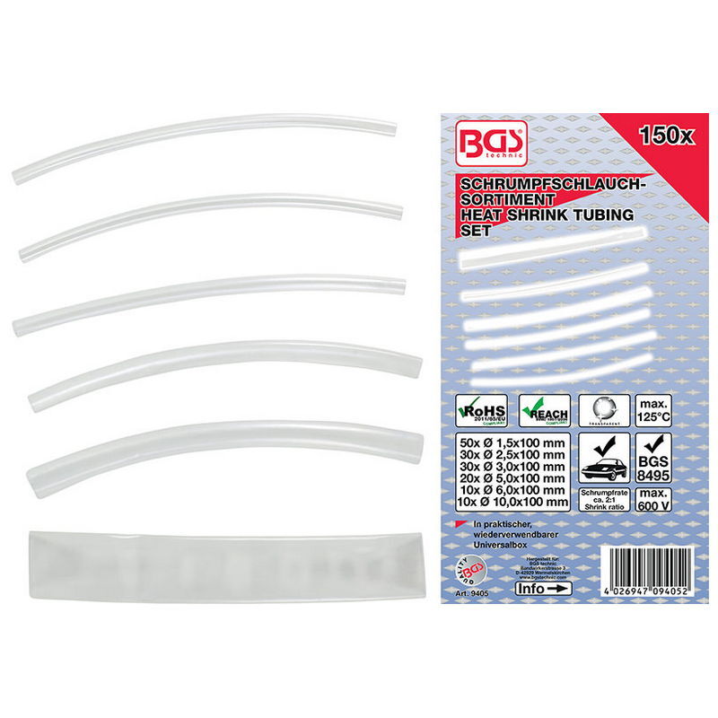 assortimento 150pz guaine termorestringenti trasparenti - codice bgs9405 BGS min