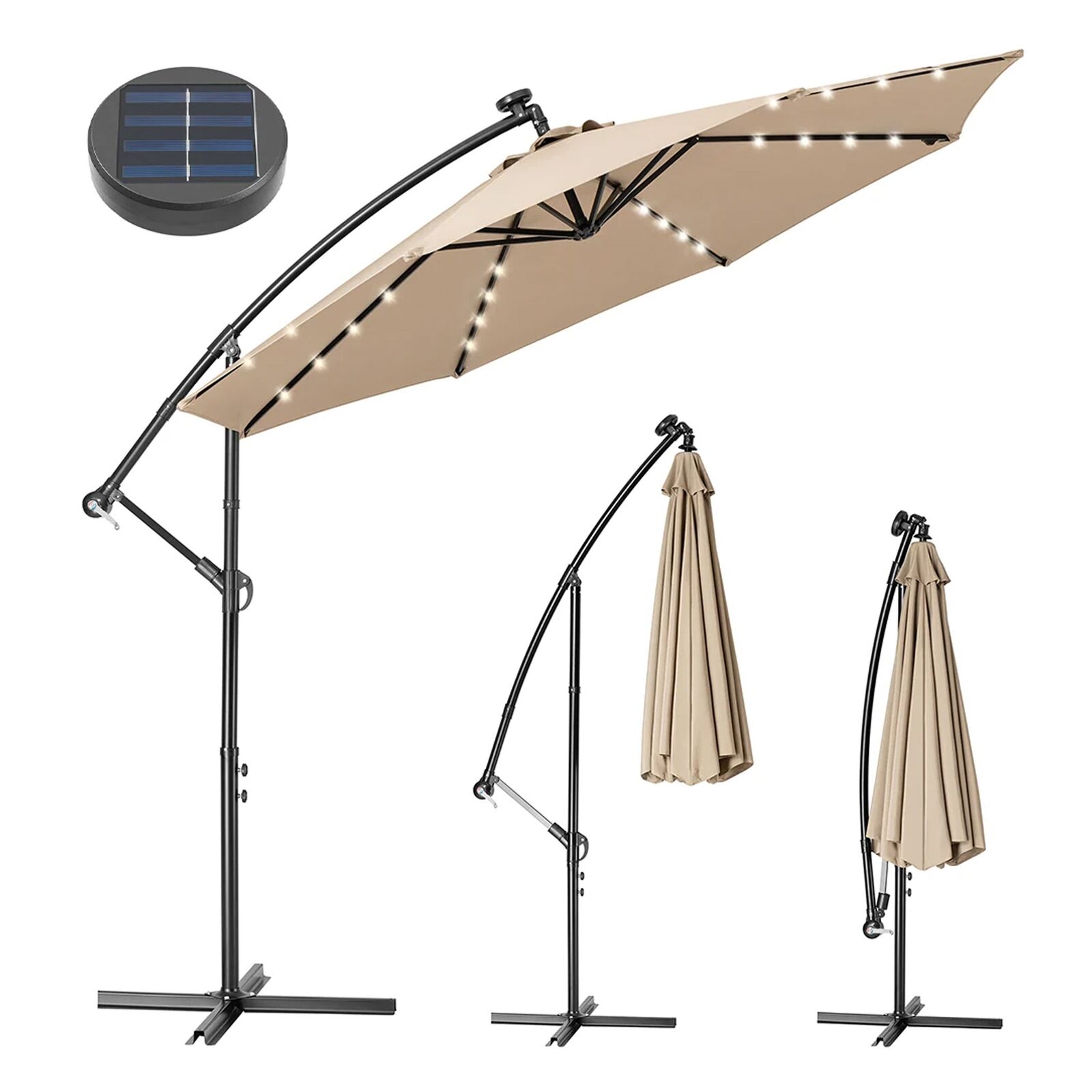 Ombrellone Giardino 3 Mt Con Luce Led Solare Palo Decentrato Con Carrucola Ecru