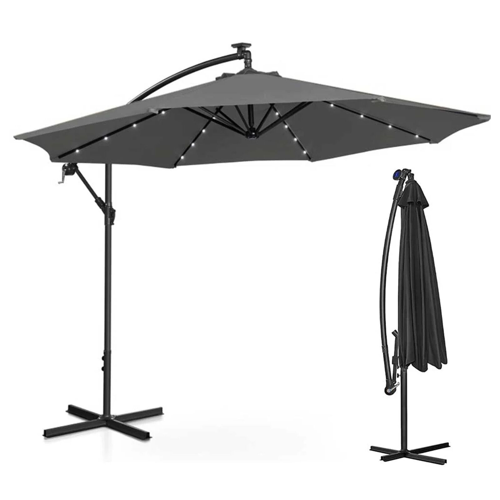 Ombrellone Giardino 3Mt Con Luce Led Solare Palo Decentrato Con Carrucola Grigi