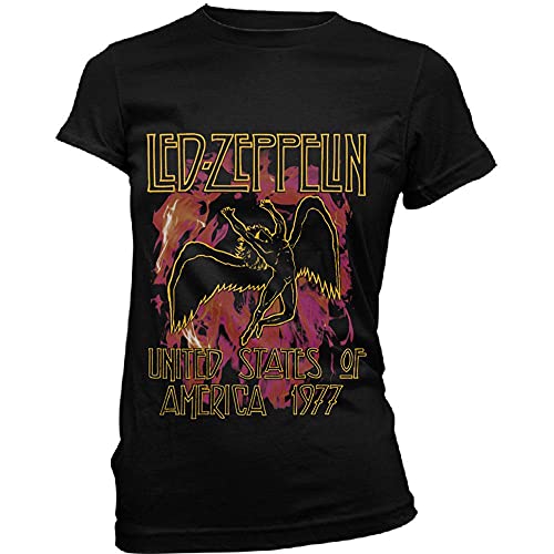Led Zeppelin T Shirt Nero Flames Band Logo Nuovo Ufficiale Da Donna Skinny Fit Size M