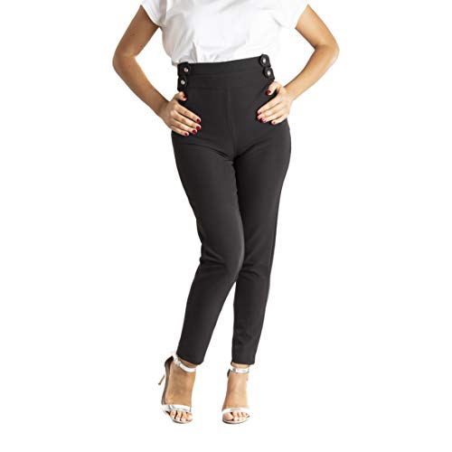 Pantalone Donna Elegante Vita Alta Stretto Slim Fit Made In Italy 1476 Nero 46