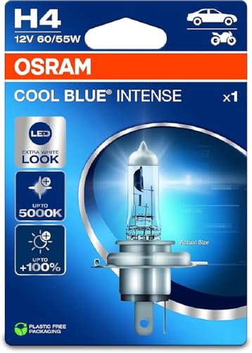 Osram Cool Blue® Intense H4, +100% Di Luminosità In Più, Fino A 5.000 K, Lampada Frontale Alogena, Aspetto Led, Blister Singolo (1 Lampada)