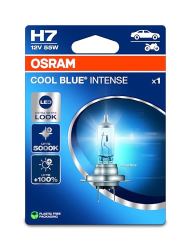 Osram Cool Blue® Intense H7, +100% Di Luminosità In Più, Fino A 5.000 K, Lampada Frontale Alogena, Aspetto Led, Blister Singolo (1 Lampada)