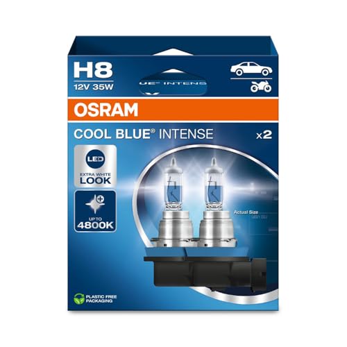 Osram Cool Blue® Intense H8, Fino A 4.800 K, Lampada Frontale Alogena, Aspetto Led, Scatola Pieghevole Sospesa (2 Lampade)