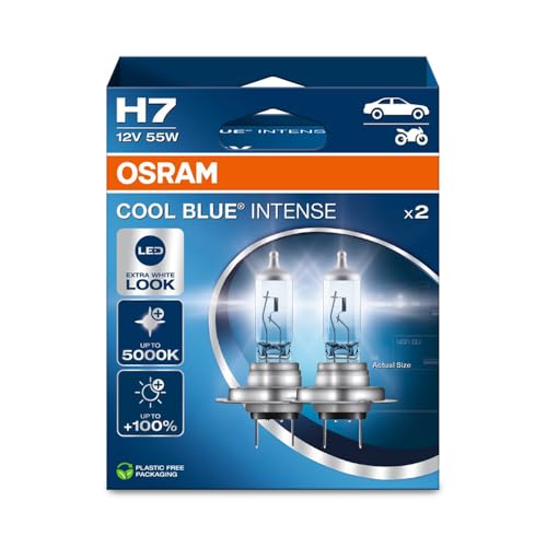 Osram Cool Blue® Intense H7, +100% Di Luminosità In Più, Fino A 5.000 K, Lampada Frontale Alogena, Aspetto Led, Scatola Pieghevole Sospesa (2 Lampade)