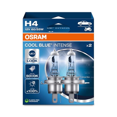 Osram Cool Blue® Intense H4, +100% Di Luminosità In Più, Fino A 5.000 K, Lampada Frontale Alogena, Aspetto Led, Scatola Pieghevole Sospesa (2 Lampade)