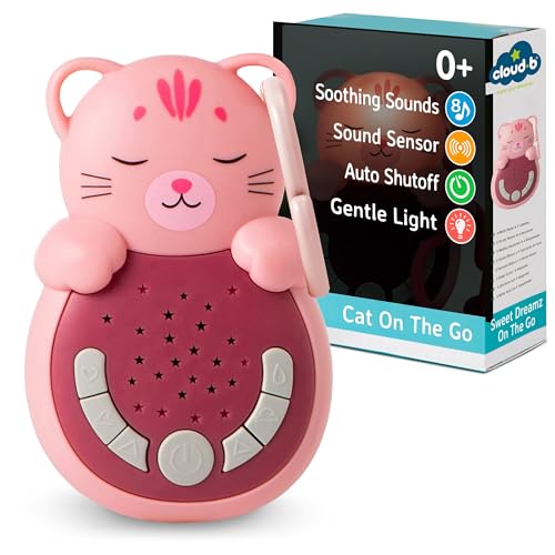 Cloud B Travel Comforting Sound Machine W/Calming Light | 4 White Noise And 4 Lullabies | Re-Activating Smart Sensor | Sweet Dreamz Kitty