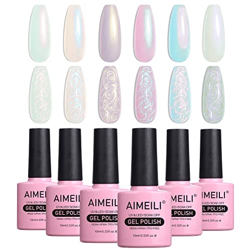 Aimeili Pearl Shell Smalto Per Unghie, Bianco Perlato Smalto Semipermanente Per Unghie Kit, Glitter Shimmer Mermaid Soak Off Uv Led Gel Effetto Perla 