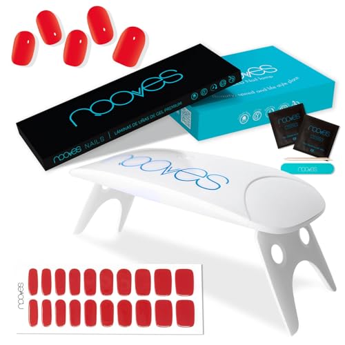 Nooves - Set Strisce Per Unghie In Gel Rosso 20 Pezzi + Lampada Uv/Led Per Asciugatura, Unghie In Gel Semi-Curato Premium, Adesivi Per Unghie Gel, Inc
