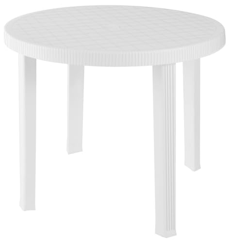 Sf Savino Filippo Tavolo Tavolino Tondo Diametro 90 Cm Tolomeo In Dura Resina Di Plastica Bianco Con Foro Per Ombrellone Per Esterno Casa Balcone Bar 